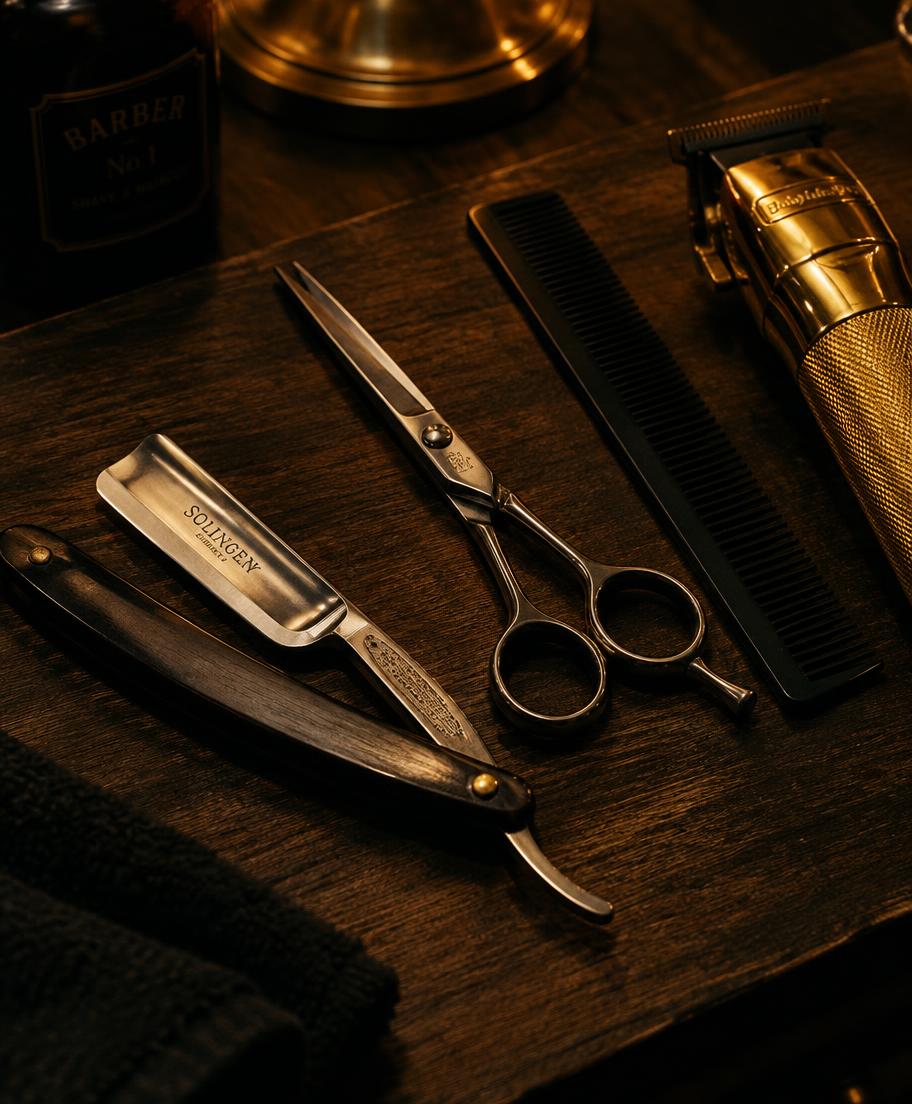 Outils de barbier : coupe-chou, ciseaux, tondeuse dorée